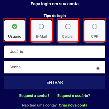 Selecione o método desejado para o login