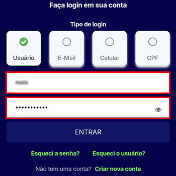 Página de login do site 'Esportes da Sorte', solicitando a entrada de dados para acessar